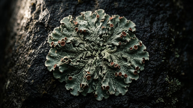 Green shield lichen grows on wet dark tree bark macro shot