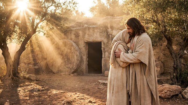 jesus christ embraces grieving woman mary magdalene near empty tomb resurrected savior comforting soul with hug solace hope spiritual renewal.