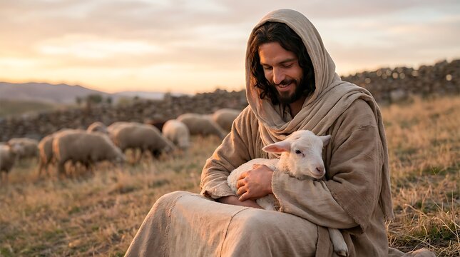 jesus christ embraces lost lamb in field with sheep grazing in background during golden hour sunset light warm glow spiritual solace.
