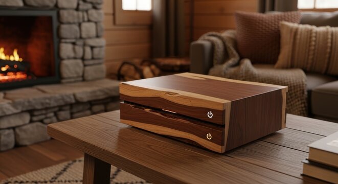 Luxury wooden gaming console with natural grain and modern power buttons resting on a rustic table in a cozy interior setting