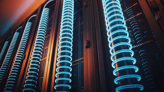 Futuristic perspective of illuminated blue light tubes within a sleek data center server rack, symbolizing advanced digital infrastructure and high-speed network connectivity