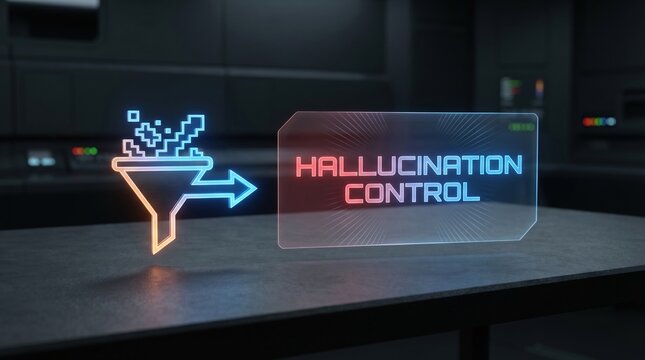 Innovative technology for controlling and filtering hallucinations, visualized with a funnel and digital streams