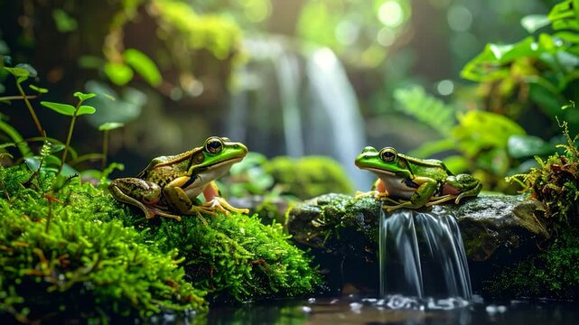 Two green frogs perched near a waterfall, surrounded by lush green moss