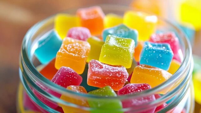 A close-up of a glass jar filled with colorful, sugar-dusted gummy candies
