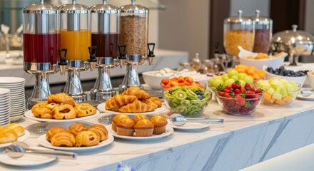Fototapeta premium Modern hotel breakfast buffet area featuring fresh pastries, seasonal fruits, ceramic plates, and shiny dispensers on a clean marble counter, bread, marble, coffee
