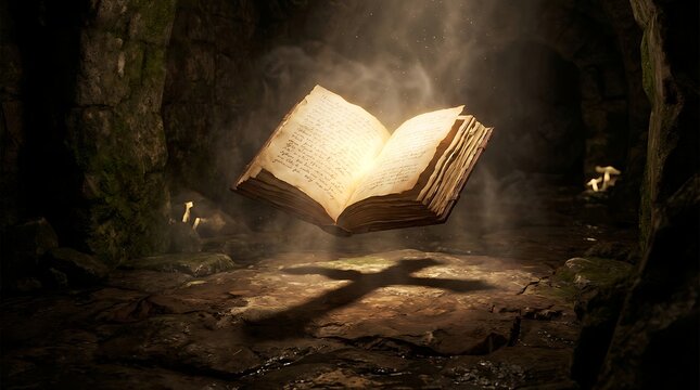 Mystical ancient tome levitating in dark cavern emitting holy light with cross shadow on floor showing sacred knowledge secrets and spiritual power.