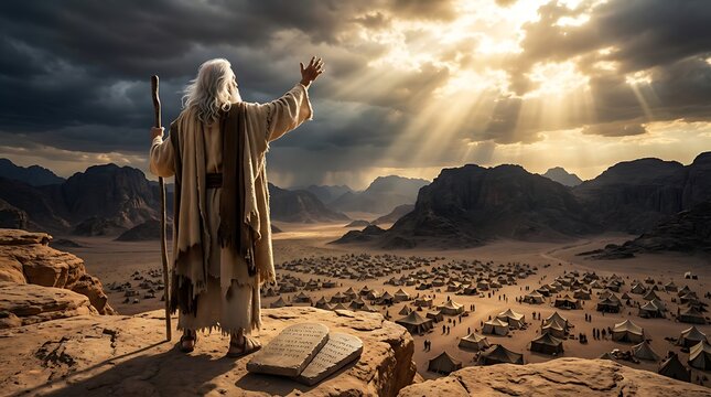 Elderly prophet figure with staff on mountain overlooking desert valley with nomadic tents and people below, waving hand as sun breaks through stormy sky illuminating landscape.