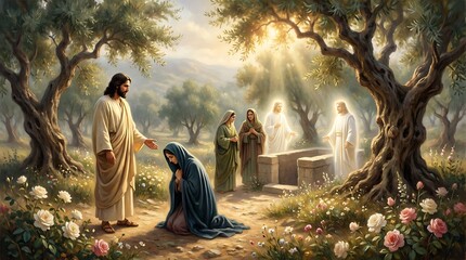 Fototapeta premium Jesus with Mary Magdalene in garden, two other women observe, by open tomb with seated angels, representing resurrection and revelation, serene sacred setting.