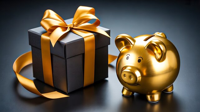 Luxury gift box and golden piggy bank savings concept