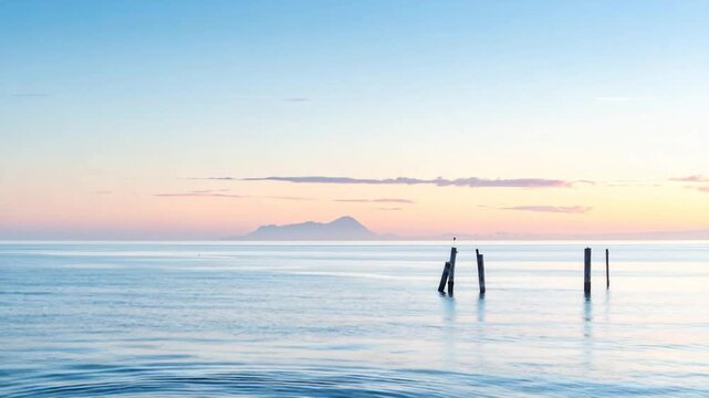 Serene ocean scene at sunset, with pilings and distant mountain