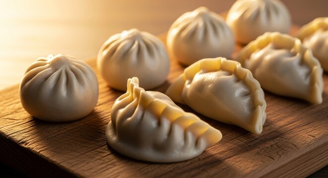 A close-up view of steamed handmade dumplings arranged on a rustic wooden board, illuminated by the warm, golden glow of a late sunset, doughy, potsticker, evening