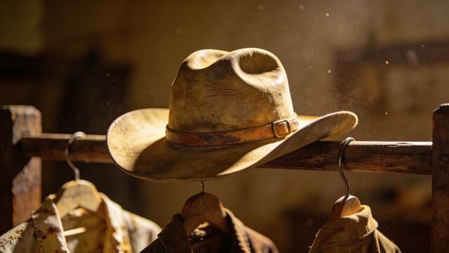 vintage cowboy hat placed on a clothing rack