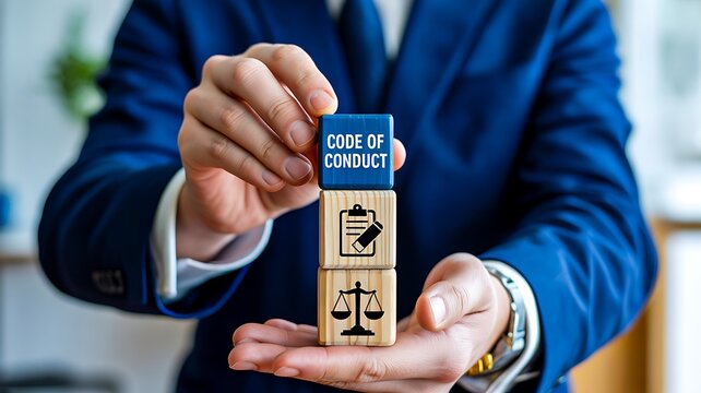 Code of conduct concept with businessman holding blocks