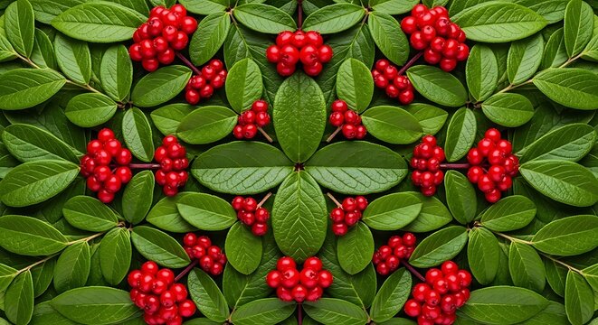 Seamless pattern of red berries and green leaves in a symmetrical arrangement for holiday seasonal decor. american bearberry