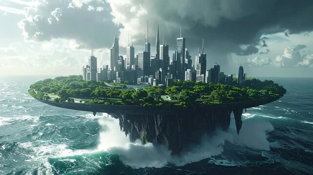 A futuristic city rises from the ocean on a floating island, green and skyscrapers