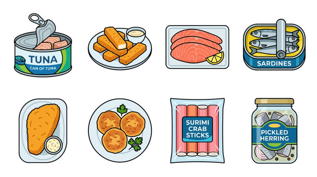 Various cartoon seafood products are illustrated, featuring canned goods, fresh fish fillets, fried items, and processed options for a diverse collection.