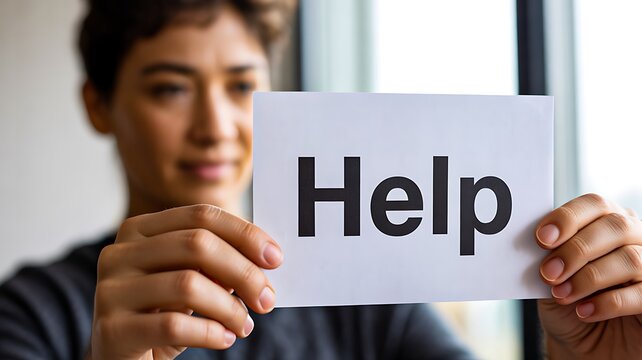 Woman holding help sign asking for support assistance