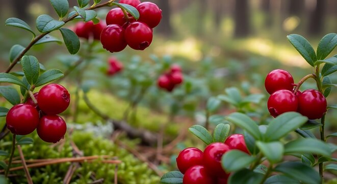 Fresh red lingonberry berries growing on a green bush in the wild forest during a sunny summer day. american bearberry