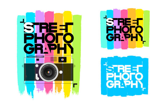The phrase "street photography" is designed as eye-catching typography, using the concept of light and shadow in easily understandable lettering. Complete with a highly detailed camera. Illustration.