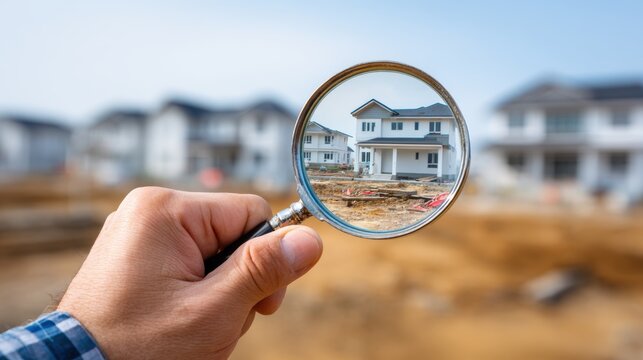 engineer use magnifying glass inspecting construction new house.inspecting construction and quality assurance new house. Engineers or architects or contactor work to build the house.