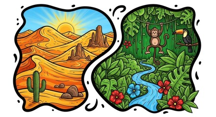 Fototapeta premium Vibrant Contrast of Desert and Jungle Landscapes in Cartoon Style