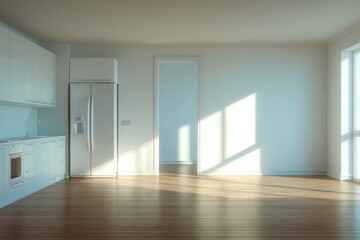 Obraz premium Bright, empty modern kitchen with sunlight streaming through a large window.