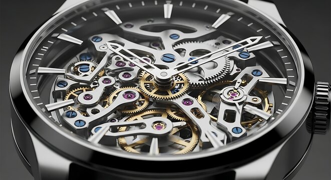 Detailed skeleton watch mechanism close up
