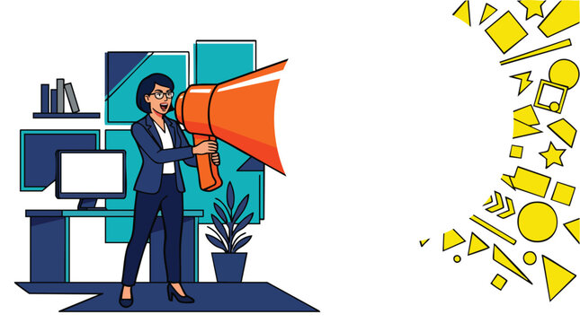 Empowered marketing executive amplifying high-impact brand messaging through disruptive creative content strategies in a modern office environment.