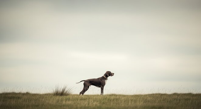 A solitary greyhound stands alert on a grassy hill under a cloudy sky.
