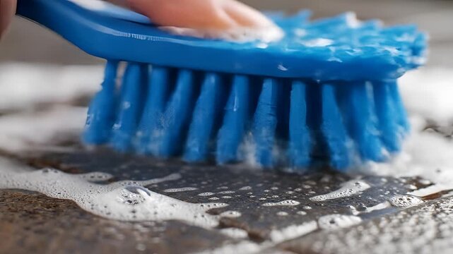Closeup of a blue brush scrubbing a tiled surface with soap and water.
