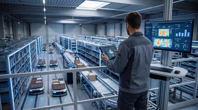 Engineer monitoring automated warehouse logistics with tablet and dashboard, smart factory industry 4.0 concept