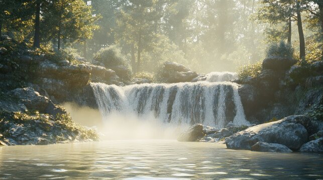 Snowy waterfall cascading into tranquil mountain stream, sunlit forest backdrop