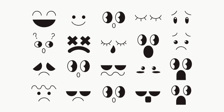 Collection of various emoticon faces and expressions in black on light gray background