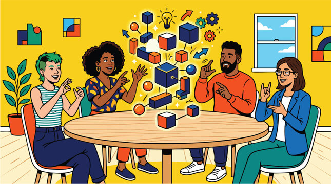 Diverse creative agency team collaborating on modular system architecture and innovative B2B strategy