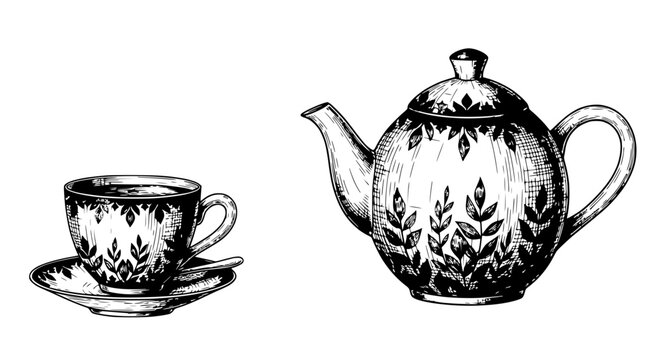Hand-drawn sketch of a teapot and teacup with floral pattern