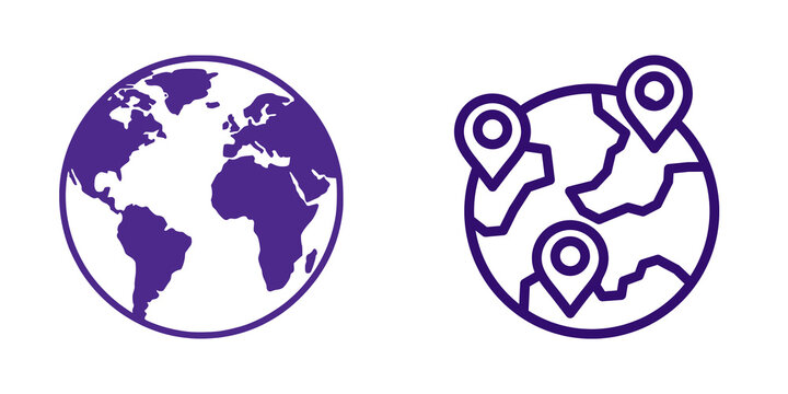 World map and location pin icons isolated on transparent background