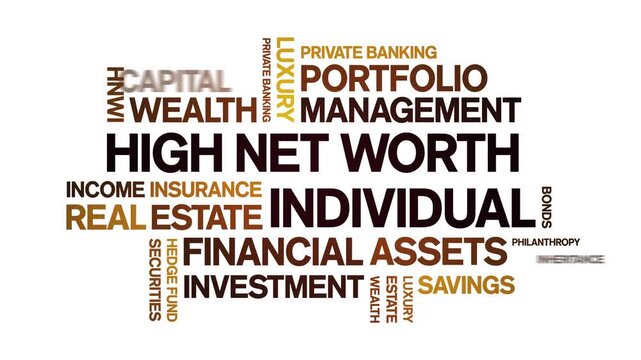 High Net Worth individual animated word cloud-text design animation tag kinetic typography seamless loop.