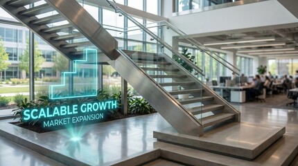 Naklejka premium Modern office staircase with glowing digital graphic overlay illustrating scalable market expansion and growth