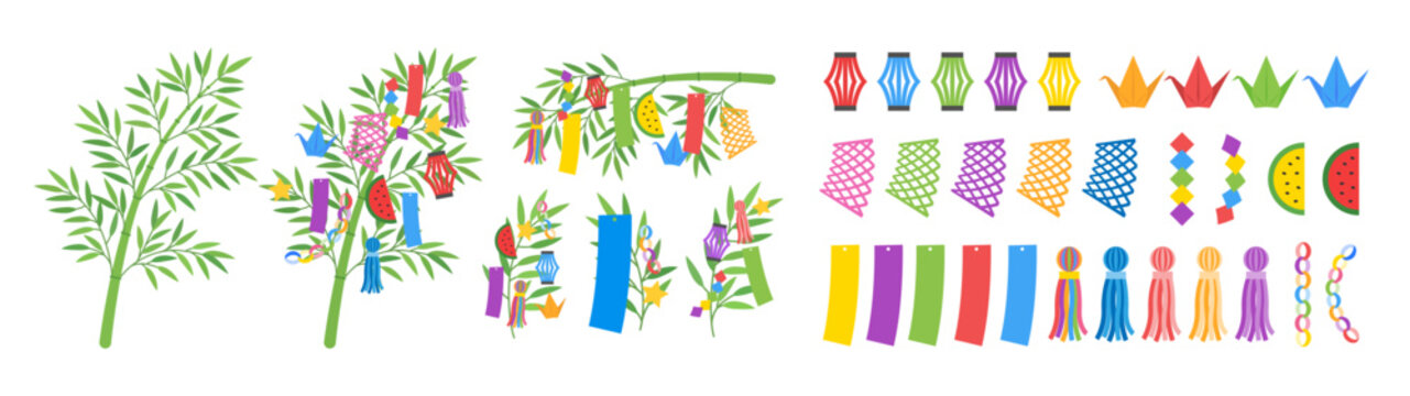 七夕の笹飾りイラストセット 短冊・吹き流し・折り紙飾り ベクター素材集