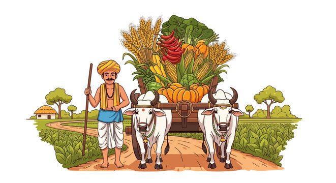 A rural indian farmer harvest vector illustration showcases traditional farming in india, featuring an agriculture worker with a bullock cart laden with crops against a countryside