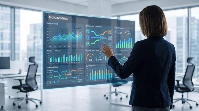 Businesswoman analyzing data insights on holographic display, corporate strategy planning in modern office, digital transformation concept, market forecast and supply chain