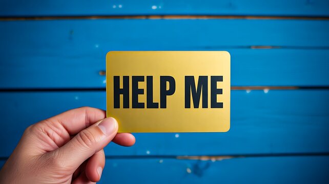 Help me message card in hand on blue background