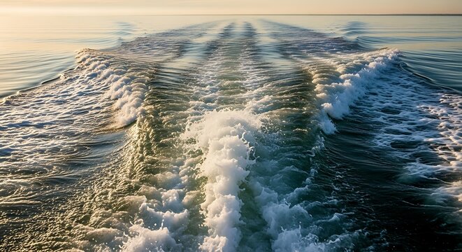 Boat wake on the ocean at sunset