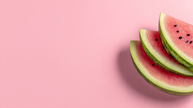 Fresh watermelon slices on pink background with copy space summer food