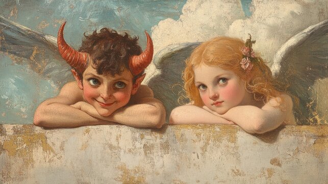 Child angel and devil resting on wall, cloudy sky background