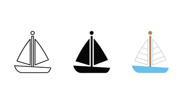 Three stylized sailboat icons in black white and blue with minimalist designs isolated on a clean background