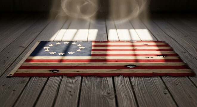 American flag made of wooden slats on a dark rustic wooden background. 13 colonies flag