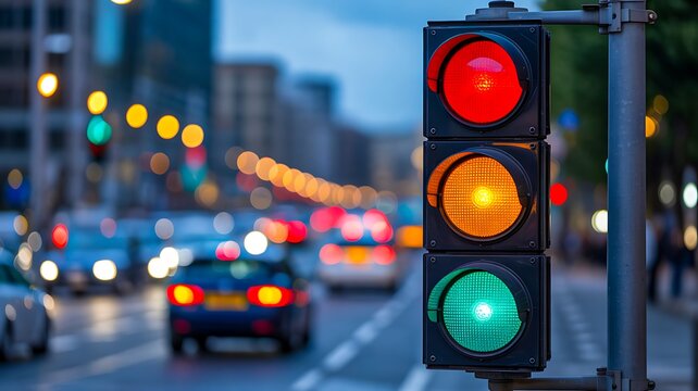 Traffic signal light on city street with urban background
