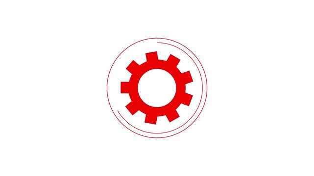 Rotating red gear icon on white background three frame sequence