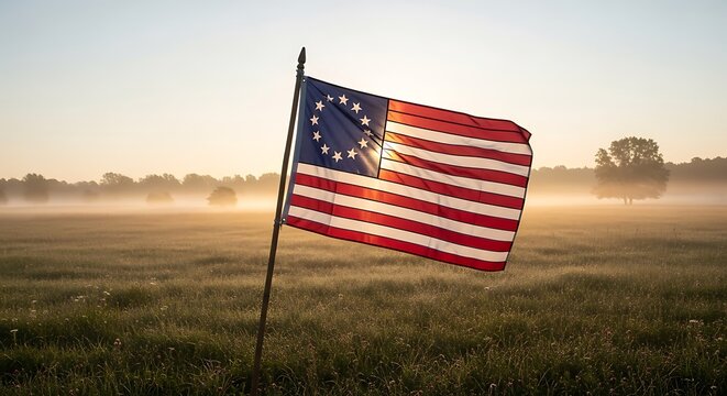 Betsy ross american flag waving in the wind at sunrise over a green field.  13 colonies flag